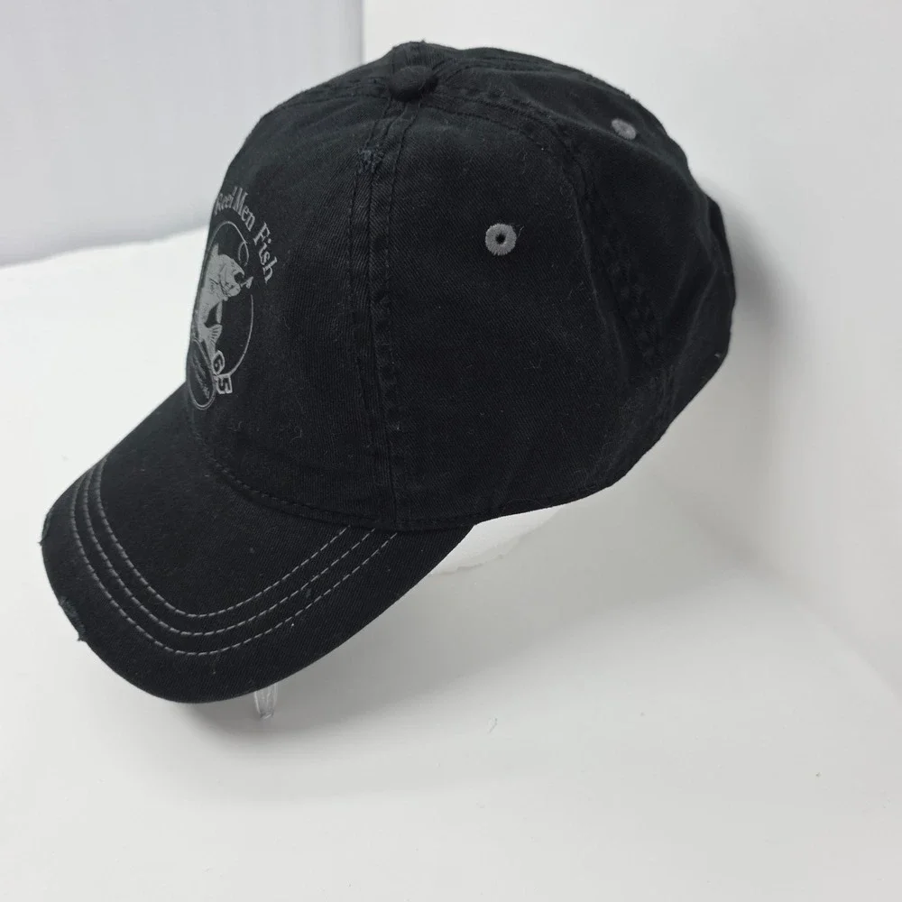Reel Men Fish Baseball Cap OSFM Fishing Graphic Distressed Snapback Black Hat